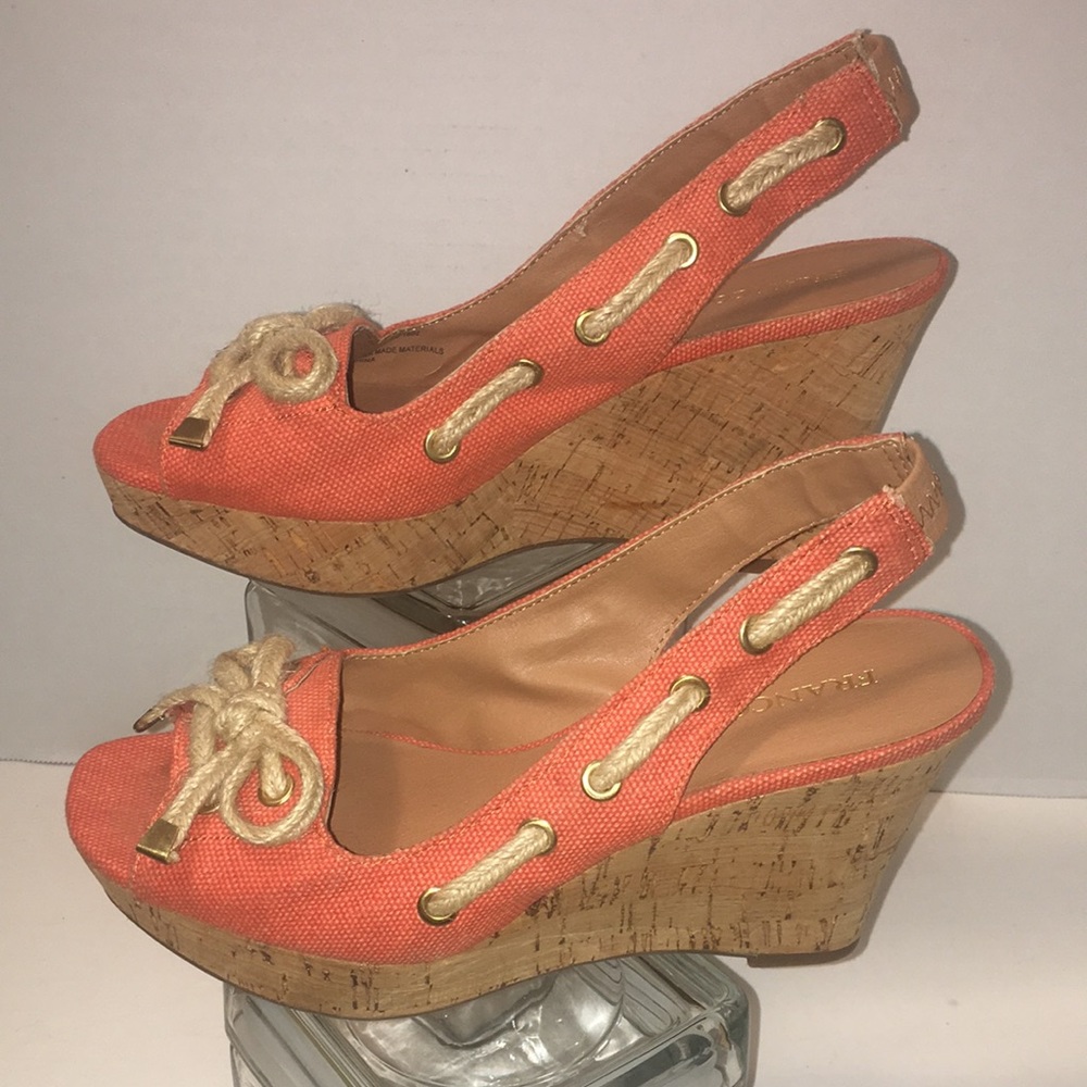 Franco Sarto Coral Orange Cork Wedge Slingback Sandals